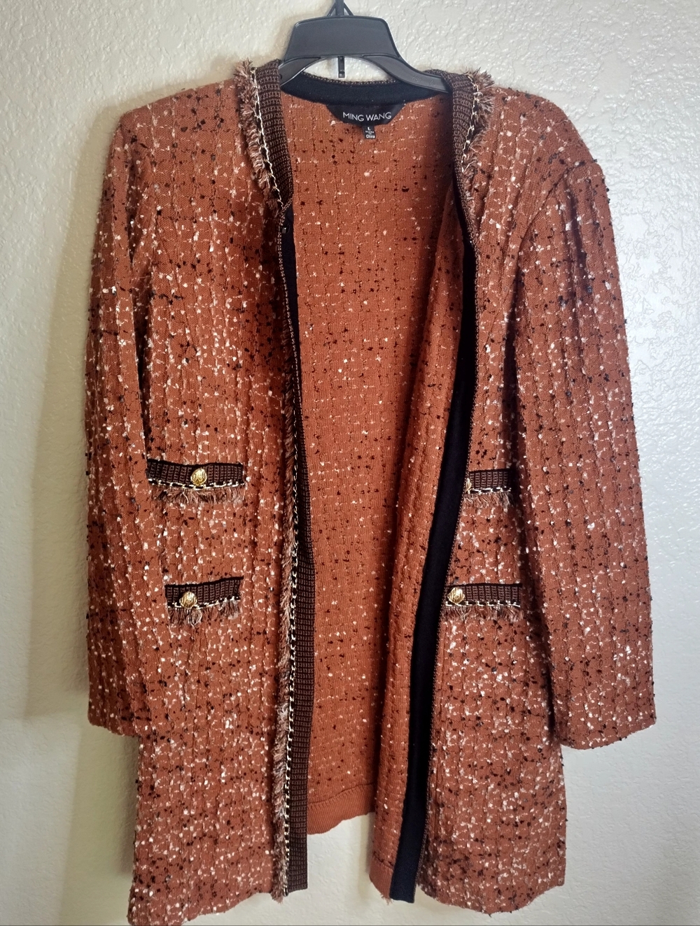 Ming Wang textured knit jacket cardigan duster chain link Sz L